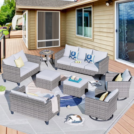 Ovios 8 Pieces Outdoor Patio Furniture with Swivel Rocking Chairs All Weather Wicker Patio Sectional Sofa Conversation Set