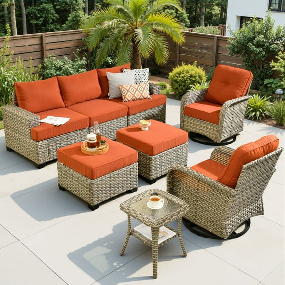 Ovios 8 Pieces Outdoor Patio Sectional Furniture All-Weather Rattan Wicker Conversation with Swivel Glider Rocking Chair Patio Sofa Outdoor Chairs for Backyard Balcony