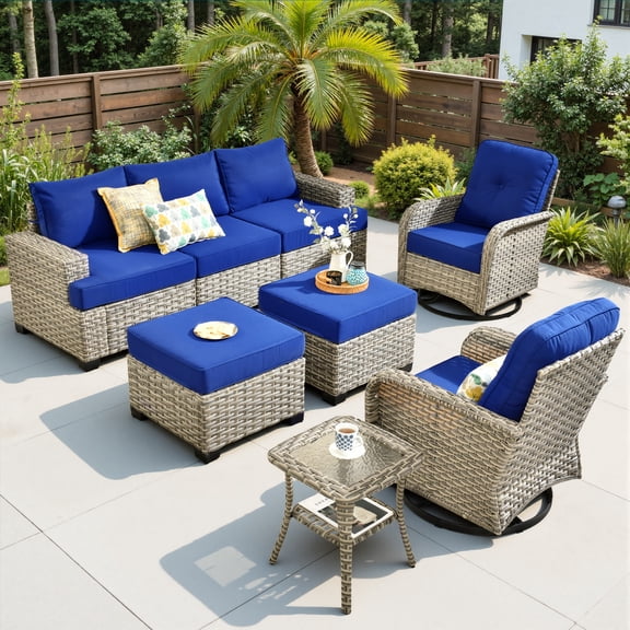 Ovios 8 Pieces Outdoor Patio Sectional Furniture All-Weather Rattan Wicker Conversation with Swivel Glider Rocking Chair Patio Sofa Outdoor Chairs for Backyard Balcony