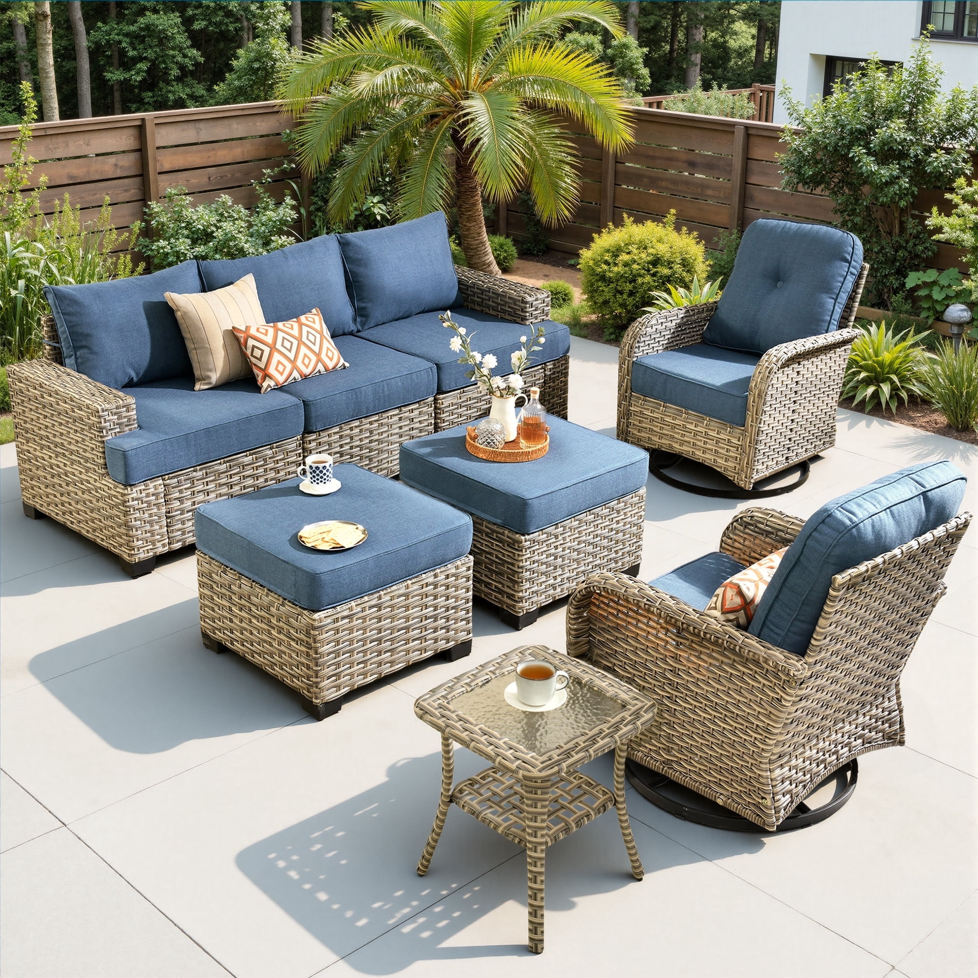 Ovios 8 Pieces Outdoor Patio Sectional Furniture All-Weather Rattan Wicker Conversation with Swivel Glider Rocking Chair Patio Sofa Outdoor Chairs for Backyard Balcony