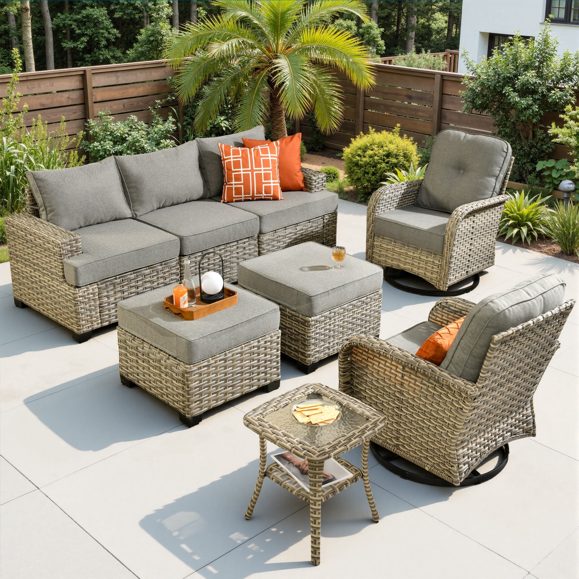 Ovios 8 Pieces Outdoor Patio Sectional Furniture All-Weather Rattan Wicker Conversation with Swivel Glider Rocking Chair Patio Sofa Outdoor Chairs for Backyard Balcony