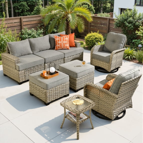 Ovios 8 Pieces Outdoor Patio Sectional Furniture All-Weather Rattan Wicker Conversation with Swivel Glider Rocking Chair Patio Sofa Outdoor Chairs for Backyard Balcony