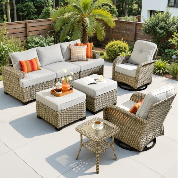 Ovios 8 Pieces Outdoor Patio Sectional Furniture All-Weather Rattan Wicker Conversation with Swivel Glider Rocking Chair Patio Sofa Outdoor Chairs for Backyard Balcony