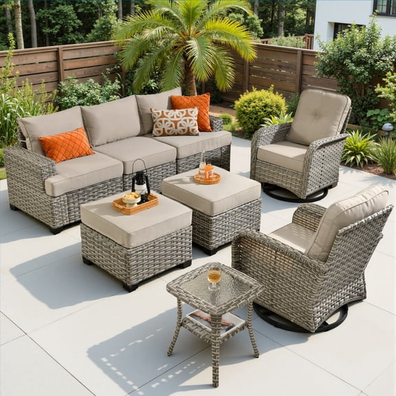 Ovios 8 Pieces Outdoor Patio Sectional Furniture All-Weather Rattan Wicker Conversation with Swivel Glider Rocking Chair Patio Sofa Outdoor Chairs for Backyard Balcony