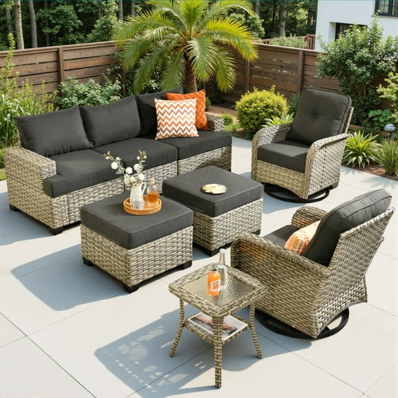 Ovios 8 Pieces Outdoor Patio Sectional Furniture All-Weather Rattan Wicker Conversation with Swivel Glider Rocking Chair Patio Sofa Outdoor Chairs for Backyard Balcony