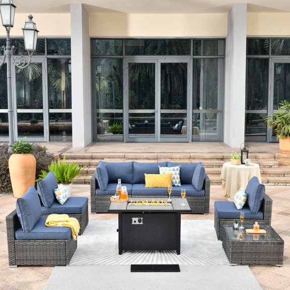 Ovios 8 Pieces Patio Fire Pit Set All Weather Wicker Outdoor Conversation Set with Side Table,Denim Blue