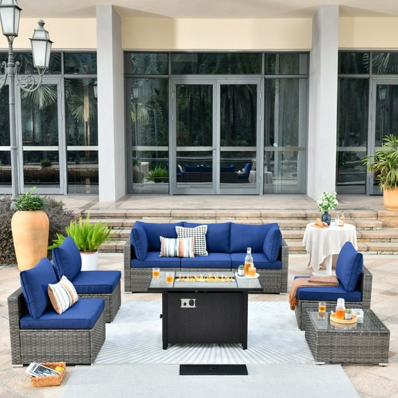 Ovios 8 Pieces Patio Fire Pit Set All Weather Wicker Outdoor Conversation Set with Side Table,Navy Blue