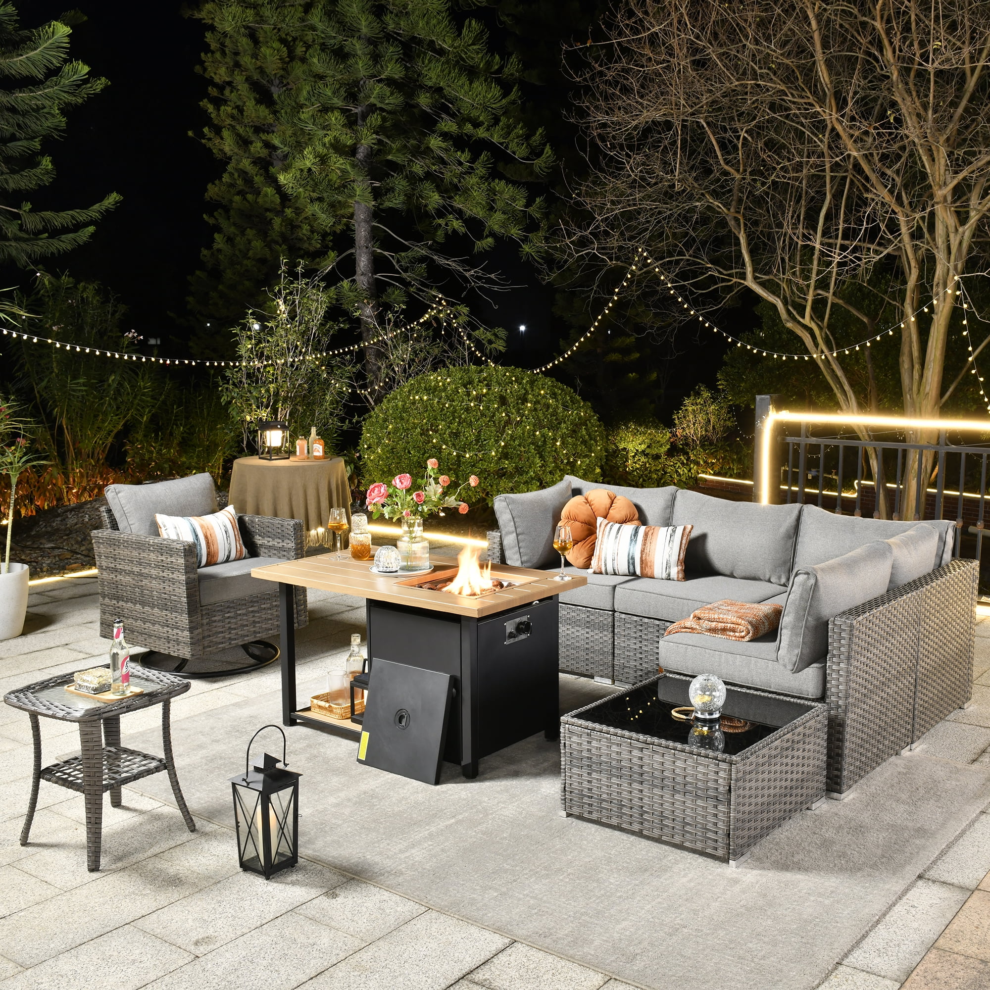 Ovios Pieces Patio Fire Pit Set Outdoor Rattan Sectional Sofa