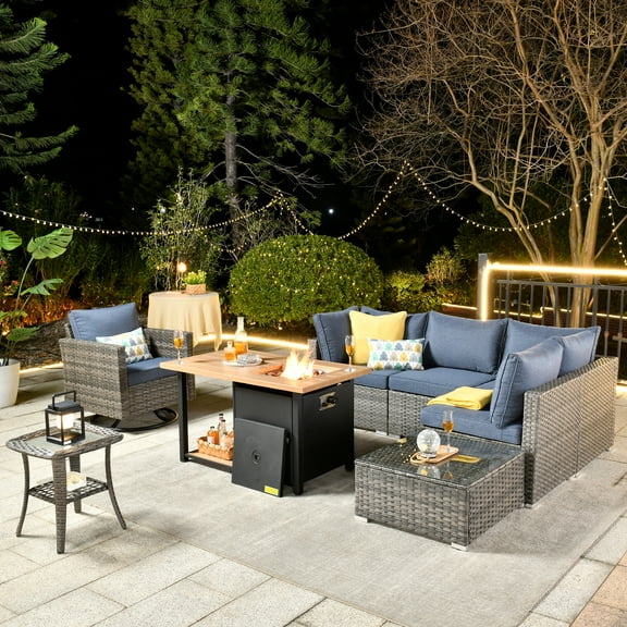 Ovios 8 Pieces Patio Fire Pit Set Outdoor Rattan Sectional Sofa Conversation Set with Swivel Rocking Chair and Side Table,Denim Blue