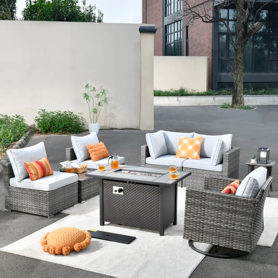 Ovios 8 Pieces Patio Fire Pit Set Outdoor Rattan Sectional Sofa Conversation Set with Swivel Rocking Chair and Side Table,Gray
