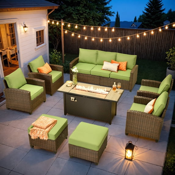 Ovios 8 Pieces Patio Furniture Set All-Weather Outdoor Sectional Patio Sofa Wicker Rattan Conversation Set with 54" Gas Propane Fire Pit Table for Backyard