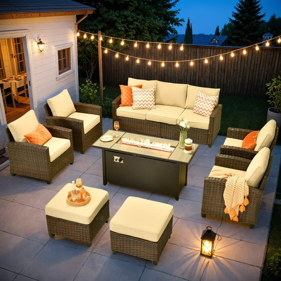 Ovios 8 Pieces Patio Furniture Set All-Weather Outdoor Sectional Patio Sofa Wicker Rattan Conversation Set with 54" Gas Propane Fire Pit Table for Backyard