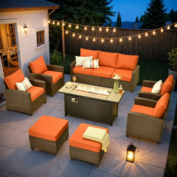 Ovios 8 Pieces Patio Furniture Set All-Weather Outdoor Sectional Patio Sofa Wicker Rattan Conversation Set with 54" Gas Propane Fire Pit Table for Backyard
