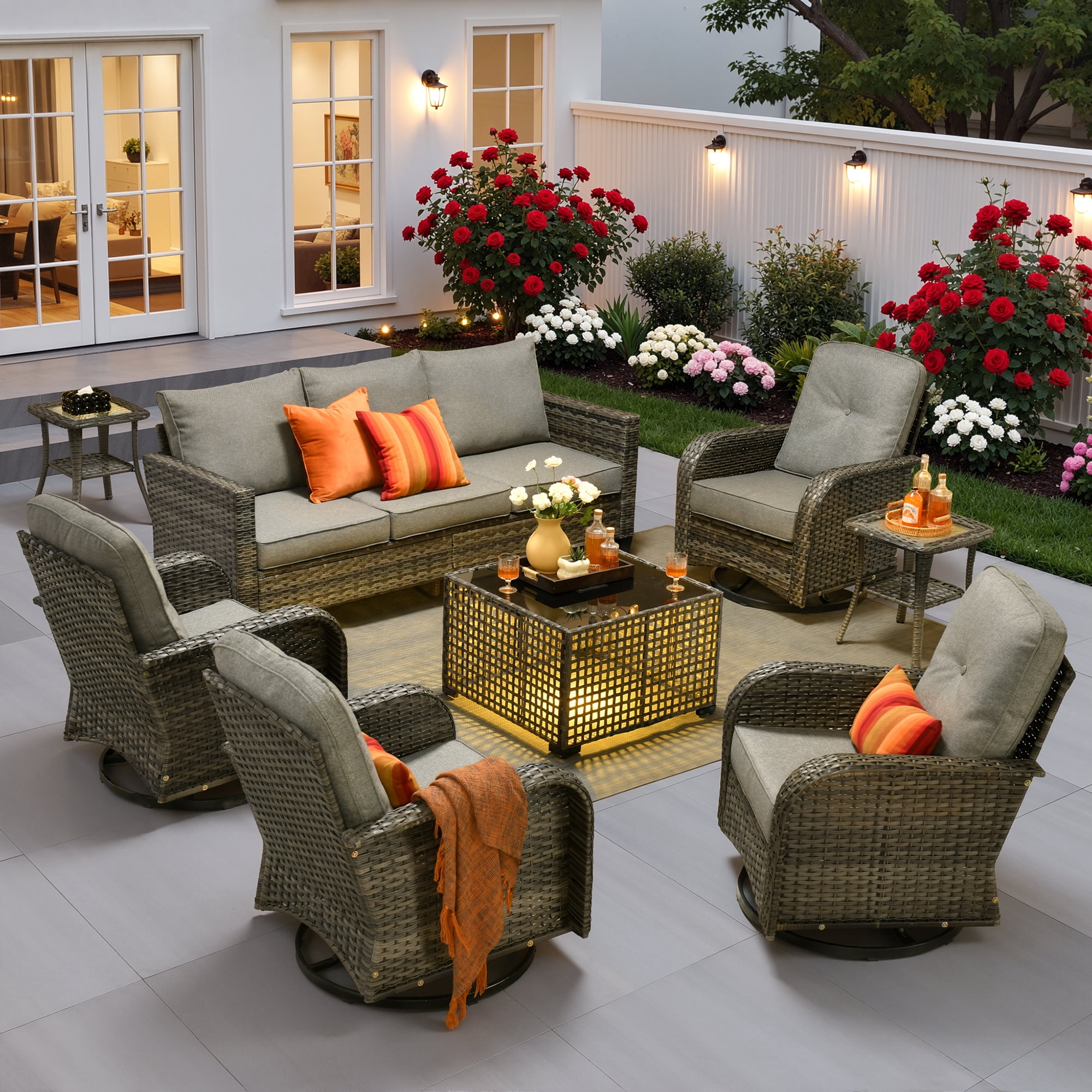 Ovios 8 Pieces Patio Furniture Set Outdoor Conversation All-Weather Rattan Sectional Sofa with Swivel Chairs & Solar Light Table