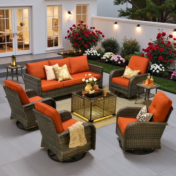Ovios 8 Pieces Patio Furniture Set Outdoor Conversation All-Weather Rattan Sectional Sofa with Swivel Chairs & Solar Light Table