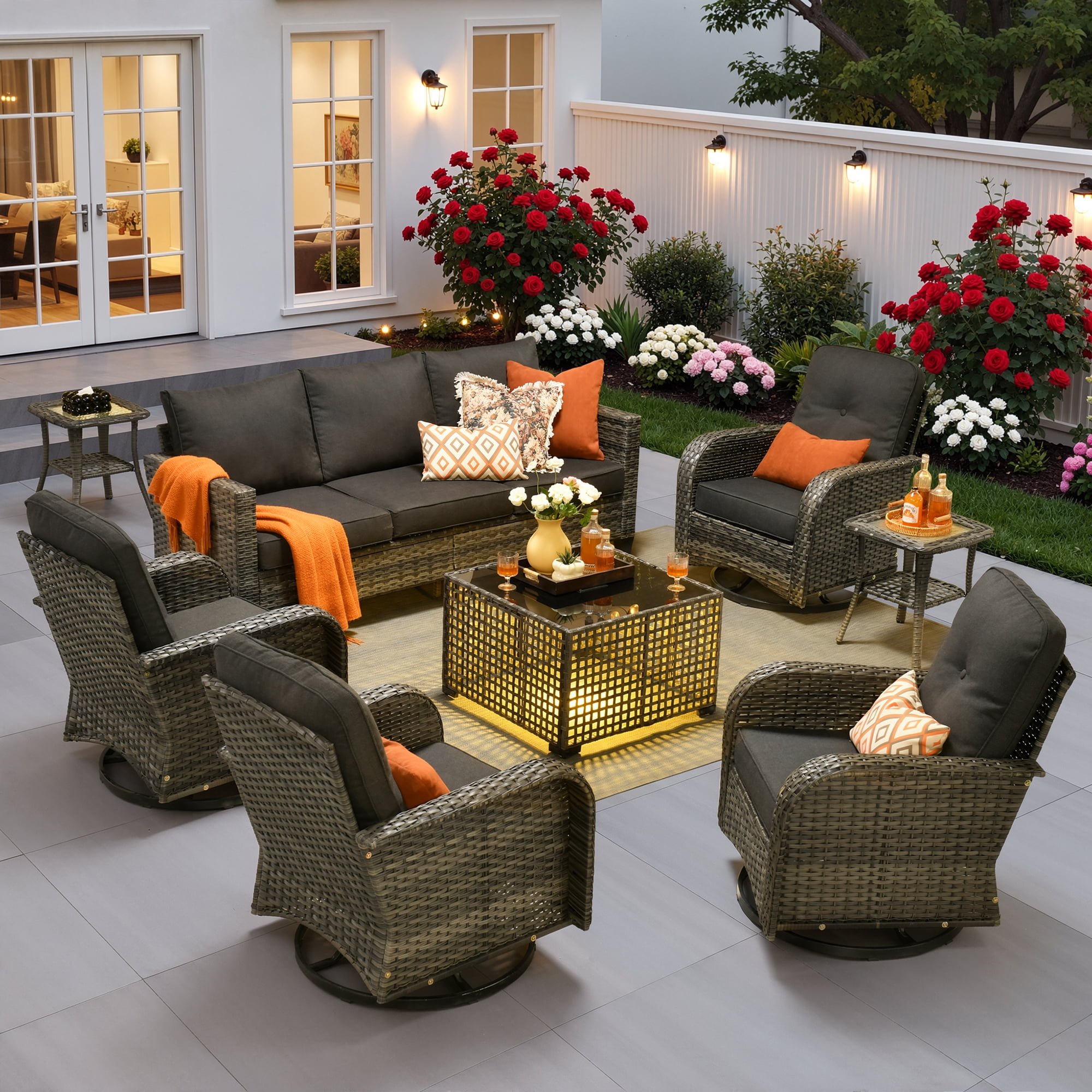 Ovios 8 Pieces Patio Furniture Set Outdoor Conversation All-Weather Rattan Sectional Sofa with Swivel Chairs & Solar Light Table