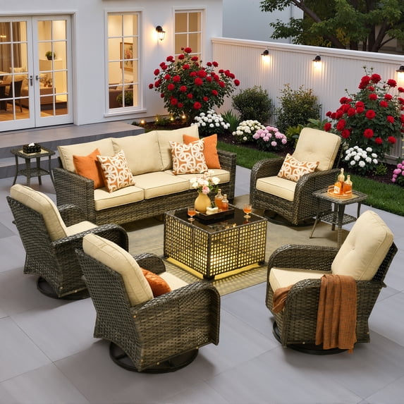 Ovios 8 Pieces Patio Furniture Set Outdoor Conversation All-Weather Rattan Sectional Sofa with Swivel Chairs & Solar Light Table