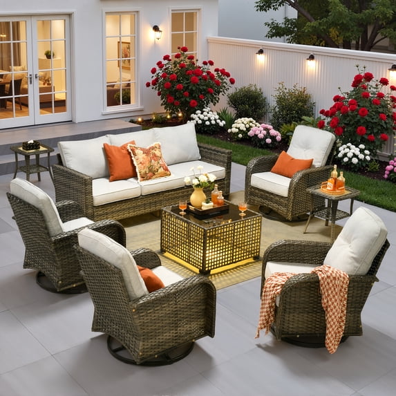 Ovios 8 Pieces Patio Furniture Set Outdoor Conversation All-Weather Rattan Sectional Sofa with Swivel Chairs & Solar Light Table