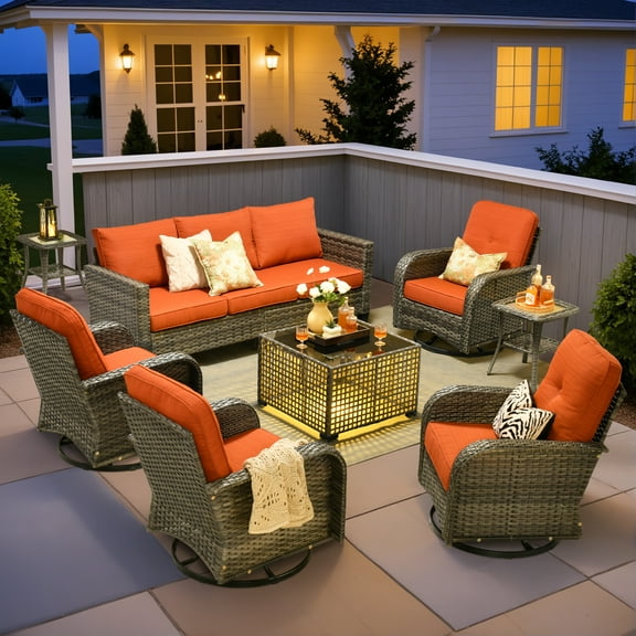 Ovios 8 Pieces Patio Furniture Set Outdoor Conversation All-Weather Rattan Sectional Sofa with Swivel Chairs & Solar Light Table
