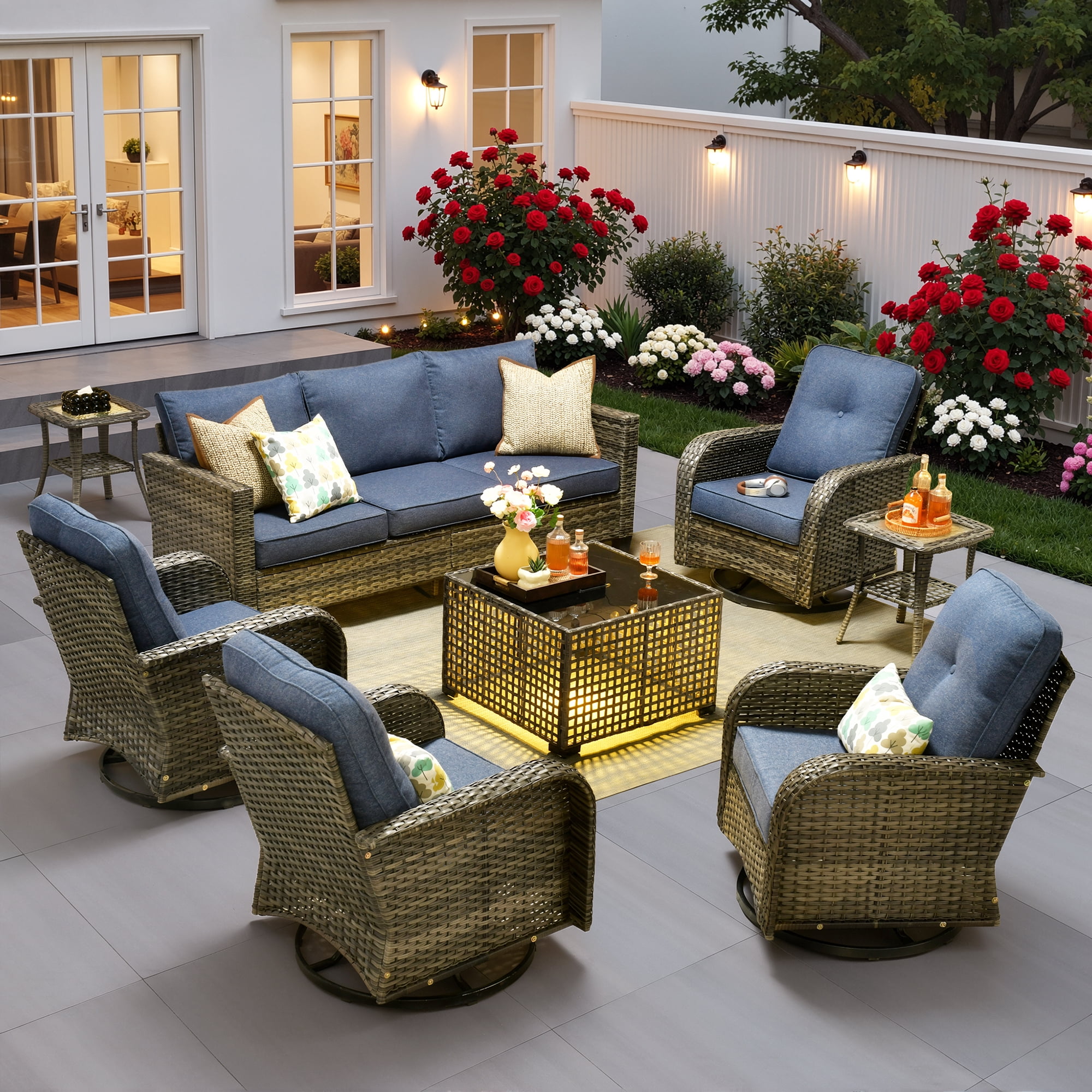 Ovios 8 Pieces Patio Furniture Set Outdoor Conversation All-Weather Rattan Sectional Sofa with Swivel Chairs & Solar Light Table