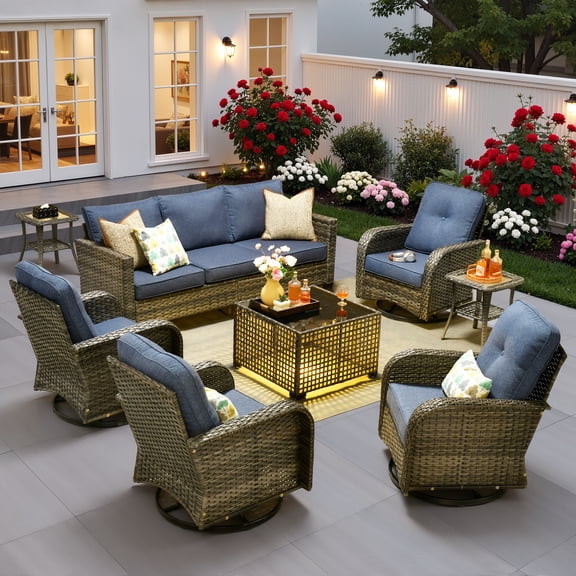 Ovios 8 Pieces Patio Furniture Set Outdoor Conversation All-Weather Rattan Sectional Sofa with Swivel Chairs & Solar Light Table