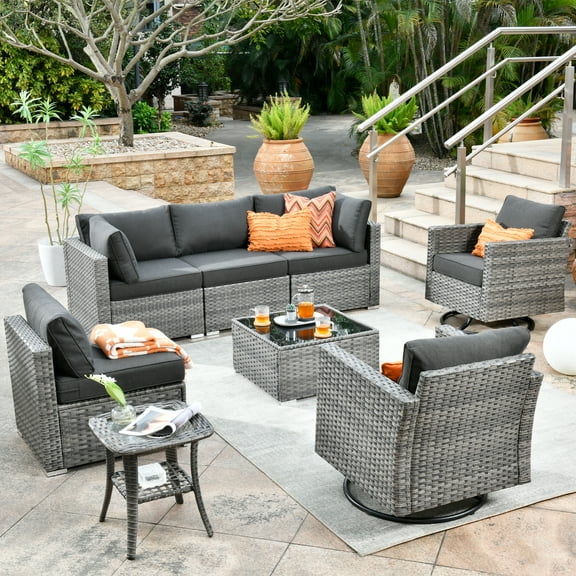 Ovios 8 Pieces Patio Glider Chair Set Outdoor Swivel Rocking Chairs with Side Table,Black