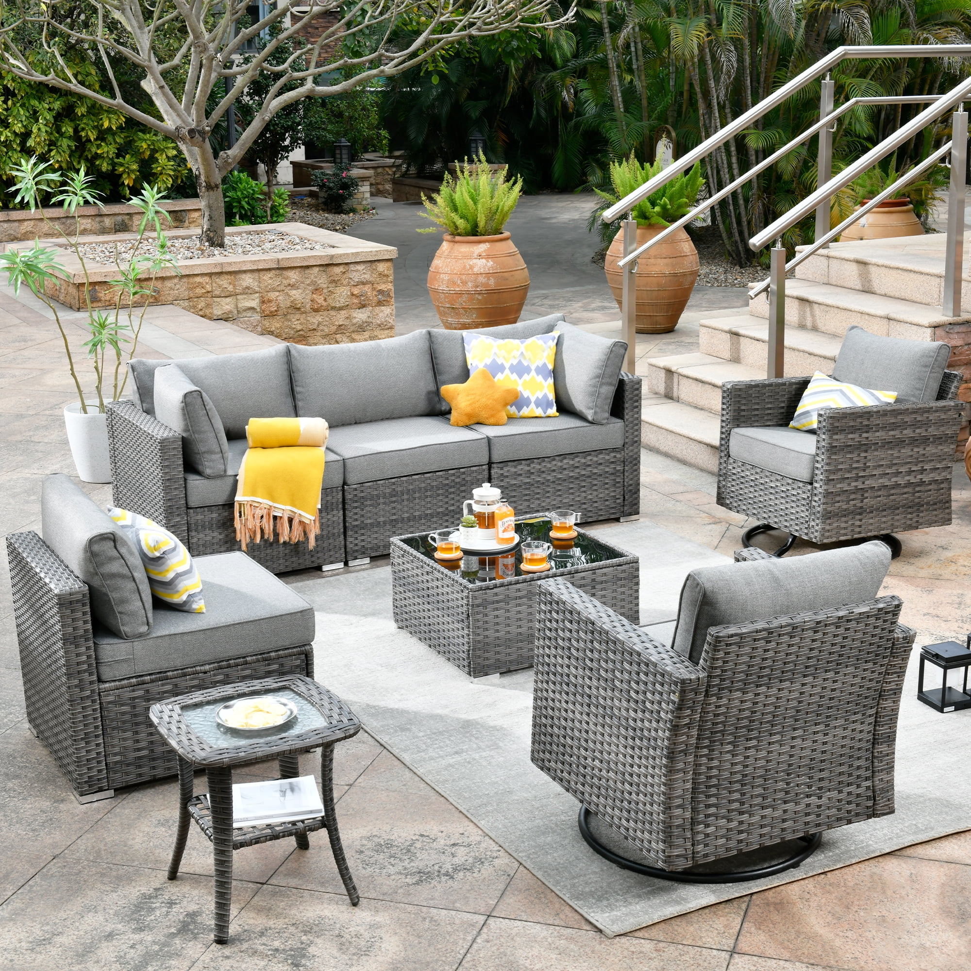 Gray Wicker 8-Piece Outdoor Sofa Set with Cushions