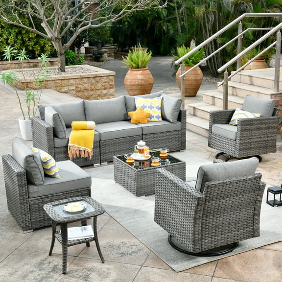 Ovios 8 Pieces Patio Glider Chair Set Outdoor Swivel Rocking Chairs with Side Table,Dark Gray