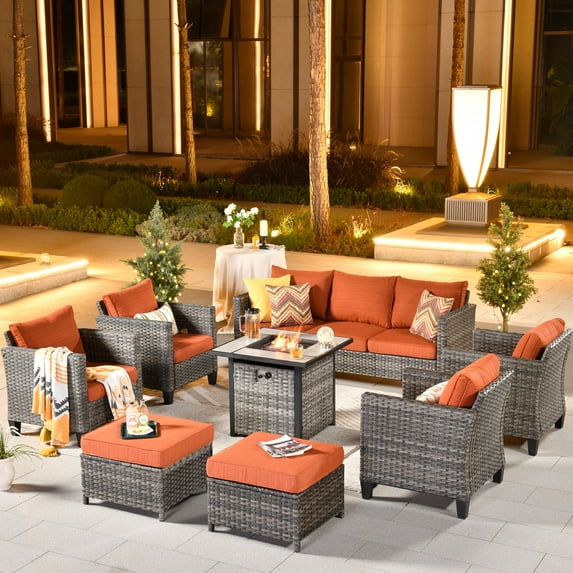 Ovios 8 Pieces Patio Outdoor Furniture Grey Conversation Set Outdoor Sectional Sofa with Gas Fire Pit CSA Approved