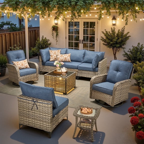 Ovios 8 Pieces Patio Furniture Outdoor Conversation Set Rattan Wicker Outside Sectional Sofa with Swivel Chairs & Solar Light Table, Denim Blue