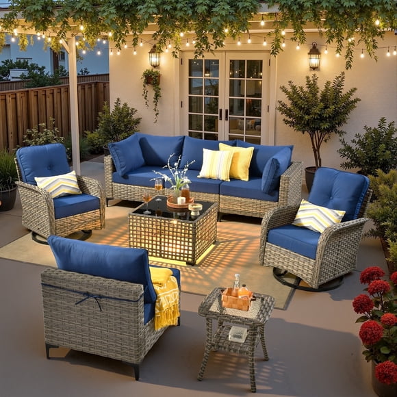 Ovios 8 Pieces Patio Furniture Outdoor Conversation Set Rattan Wicker Outside Sectional Sofa with Swivel Chairs & Solar Light Table, Navy Blue