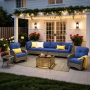 Ovios 8 Pieces Patio Furniture Outdoor Conversation Set Rattan Wicker Outside Sectional Sofa with Swivel Chairs & Solar Light Table, Navy Blue