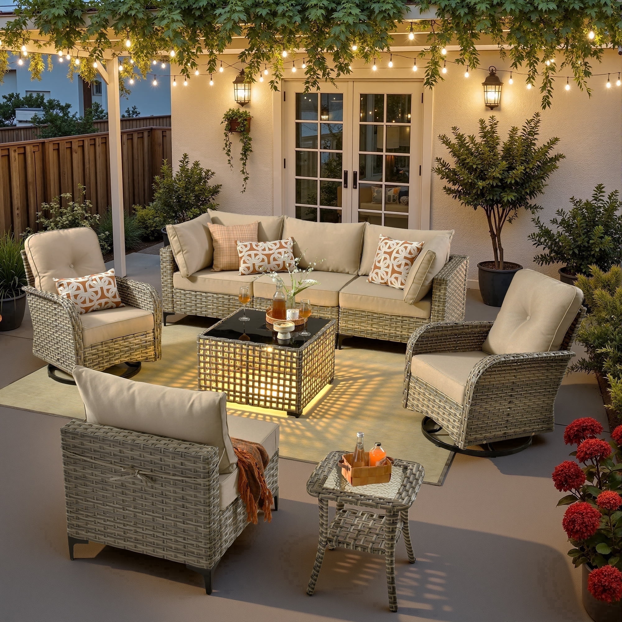 Ovios 8 Pieces Patio Furniture Outdoor Conversation Set Rattan Wicker Outside Sectional Sofa with Swivel Chairs & Solar Light Table, Beige