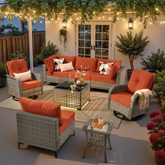 Ovios 8 Pieces Patio Furniture Outdoor Conversation Set Rattan Wicker Outside Sectional Sofa with Swivel Chairs & Solar Light Table, Orange Red