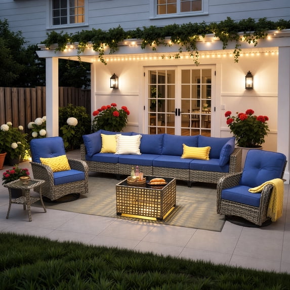 Ovios 8 Pieces Patio Furniture Outdoor Conversation Set Rattan Wicker Outside Sectional Sofa with Swivel Chairs & Solar Light Table, Navy Blue