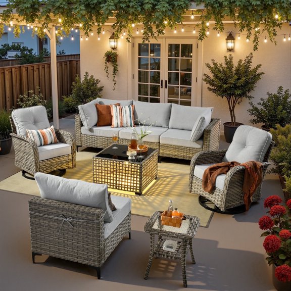Ovios 8 Pieces Patio Furniture Outdoor Conversation Set Rattan Wicker Outside Sectional Sofa with Swivel Chairs & Solar Light Table, Gray