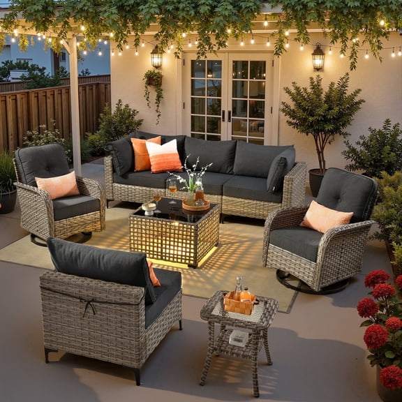 Ovios 8 Pieces Patio Furniture Outdoor Conversation Set Rattan Wicker Outside Sectional Sofa with Swivel Chairs & Solar Light Table, Black