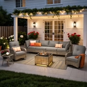 Ovios 8 Pieces Patio Furniture Outdoor Conversation Set Rattan Wicker Outside Sectional Sofa with Swivel Chairs & Solar Light Table, Dark Gray