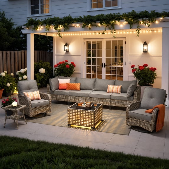 Ovios 8 Pieces Patio Furniture Outdoor Conversation Set Rattan Wicker Outside Sectional Sofa with Swivel Chairs & Solar Light Table, Dark Gray