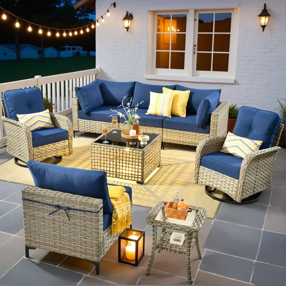 Ovios 8 Pieces Patio Furniture Outdoor Conversation Set Rattan Wicker Outside Sectional Sofa with Swivel Chairs & Solar Light Table, Navy Blue