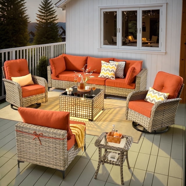 Ovios 8 Pieces Patio Outdoor Furniture Set with Swivel Chairs All-Weather Rattan Wicker Conversation Outside Sectional Sofa Chair with Solar Light Table