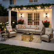 Ovios 8 Pieces Patio Furniture Outdoor Conversation Set Rattan Wicker Outside Sectional Sofa with Swivel Chairs & Solar Light Table, Beige