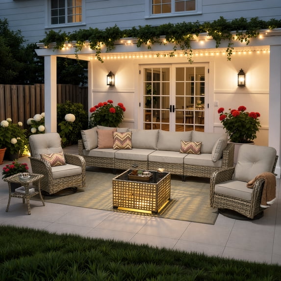 Ovios 8 Pieces Patio Furniture Outdoor Conversation Set Rattan Wicker Outside Sectional Sofa with Swivel Chairs & Solar Light Table, Beige