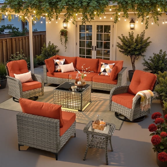 Ovios 8 Pieces Patio Furniture Outdoor Conversation Set Rattan Wicker Outside Sectional Sofa with Swivel Chairs & Solar Light Table, Orange Red