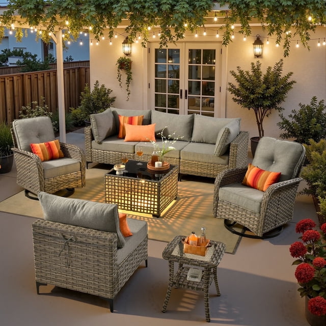 Ovios 8 Pieces Patio Furniture Outdoor Conversation Set Rattan Wicker Outside Sectional Sofa with Swivel Chairs & Solar Light Table, Dark Gray