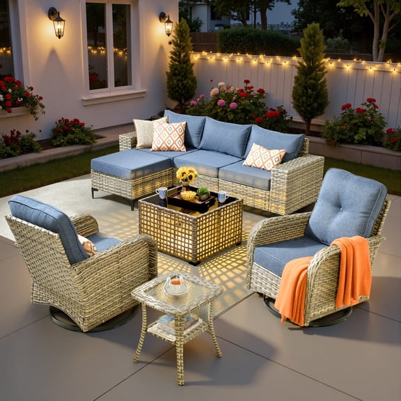 Ovios 8 Pieces Wicker Patio Furniture Sets Outdoor Conversation Sectional Sofa with Swivel Chairs & Solar Light Table