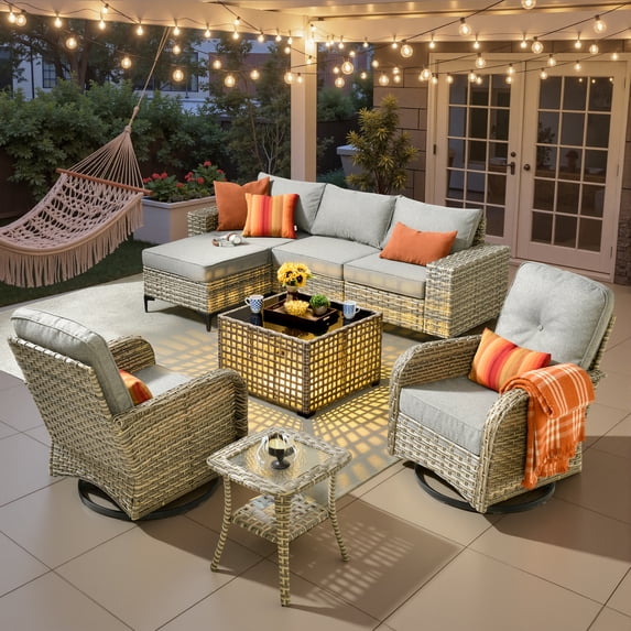 Ovios 8 Pieces Wicker Patio Furniture Sets Outdoor Conversation Sectional Sofa with Swivel Chairs & Solar Light Table