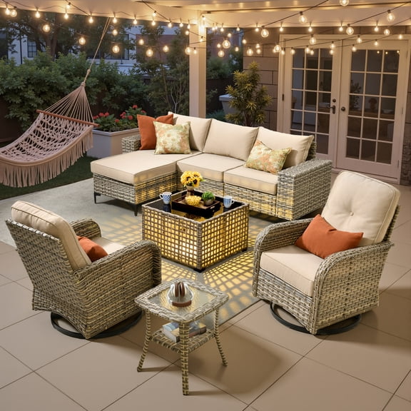 Ovios 8 Pieces Wicker Patio Furniture Sets Outdoor Conversation Sectional Sofa with Swivel Chairs & Solar Light Table