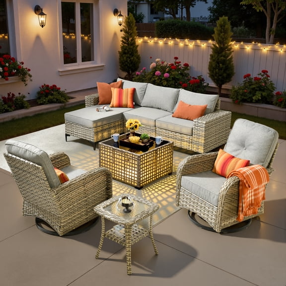 Ovios 8 Pieces Wicker Patio Furniture Sets Outdoor Conversation Sectional Sofa with Swivel Chairs & Solar Light Table