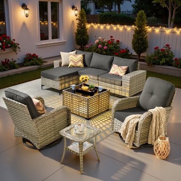 Ovios 8 Pieces Wicker Patio Furniture Sets Outdoor Conversation Sectional Sofa with Swivel Chairs & Solar Light Table